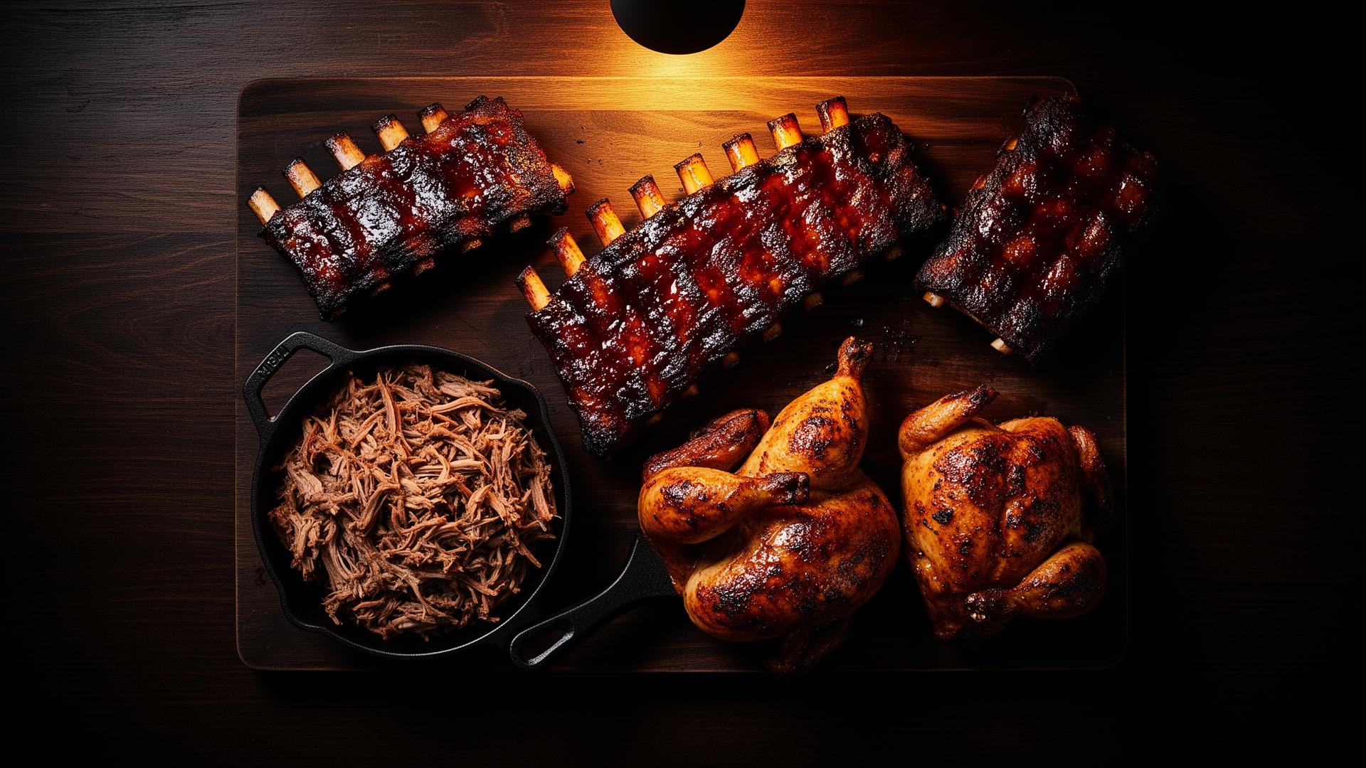 Mesa de festín con costillas, pulled pork y pollo ahumado