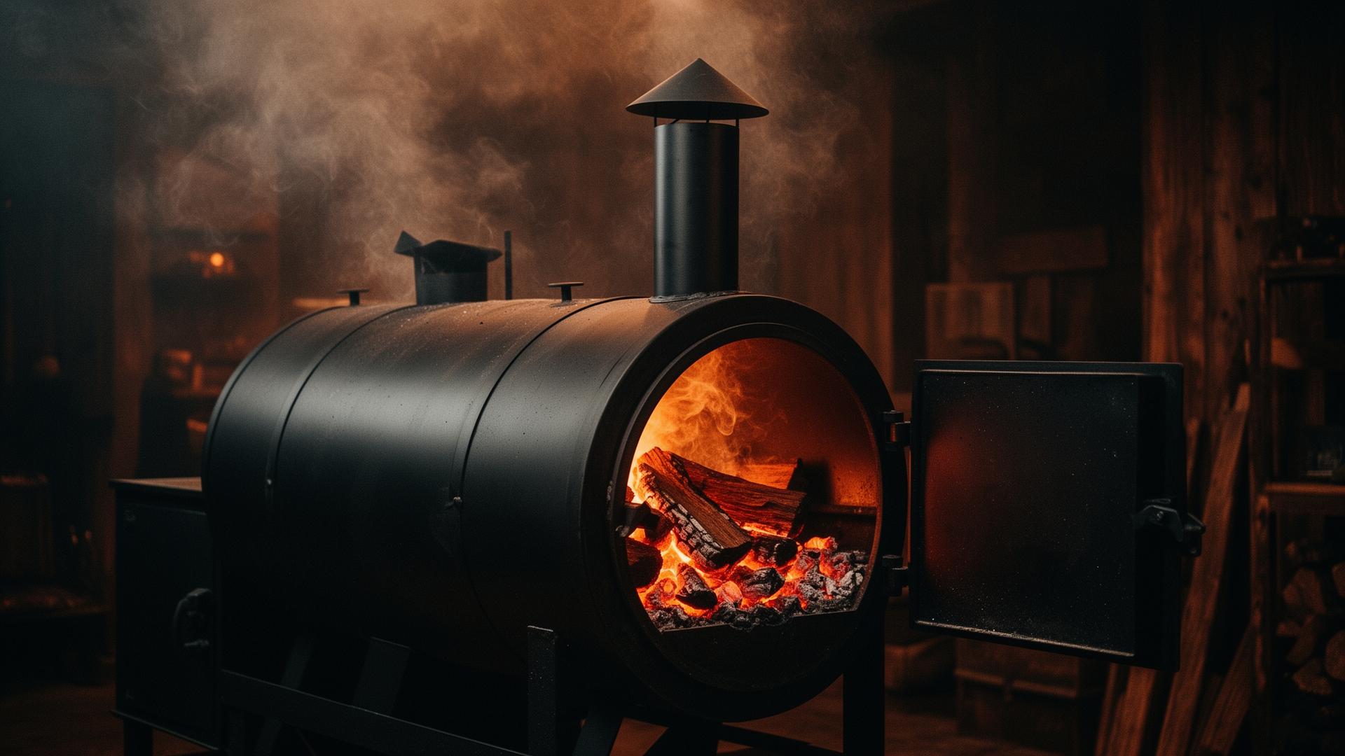 Interior del smokehouse: horno ahumador de hierro con la puerta entreabierta y brasas encendidas
